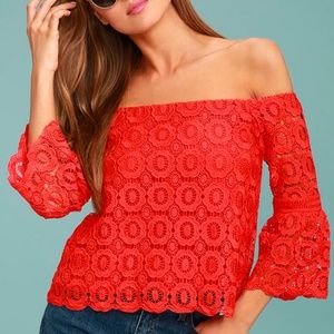 LULU'S VIBRANT RED CROCHET OFF-THE-SHOULDER TOP